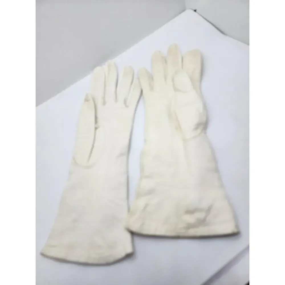Vintage White Leather Gloves Womens Hand Embroidered Floral 1940s 50s
